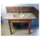 Custom Made Copper Sink With Hot And Cold Faucets And Copper Back Splash On Turned Wood Stand 45.5" 