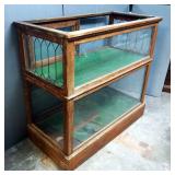 Wood And Glass Single Shelf, Felt Lined Display Case With Sliding Doors, Top Has Leaded Glass Sides,