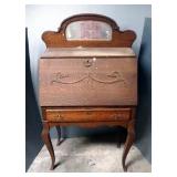 Mirrored Wood Single Drawer Writing Desk With Cabriole Legs, Needs Minor Repair 50" x 26.5" x 14"