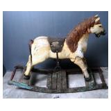 Carved Wood Rocking Horse With Leather Saddle And Metal Stirrups, 24.5" x 32"
