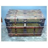 Wood Steamer Trunk With Leather Straps, Metal Hinges, Some Leather Missing, 25.5" x 37" x 21"