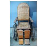Antique Wood Wheel Chair, Reclining Caned Back And Seat, With Adjustable Legs, 44.5" x 26" x 27"