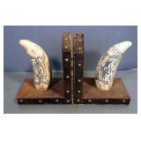 Scrimshaw Tooth Art Book Ends, Representing Vicksburg Mississippi, And Horse And Stage Coach. Possib