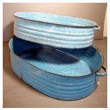 Blue Enamel Roaster Pans, Qty 4, And Blue Enamel Bucket