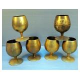 Brass Bowl With Handle 7.25", Mini Goblet Cups, Qty 6, And Serving Tray 7.5" x 11.5", And Oil Can