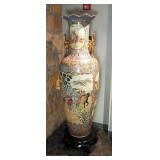 Monumental Hand Painted Asian Porcelain Warrior Amphora Floor Vase, 62" Tall, With Carved Wood Stand