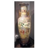 Monumental Hand Painted Asian Porcelain Warrior Amphora Floor Vase, 62" Tall, With Carved Wood Stand