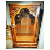 Antique Solid Oak Display Cabinet With Carved Wood Beveled Glass Door, 70" x 40" x 22"