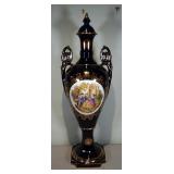 Hand Painted Cobalt Blue And Gold Porcelain Amphora Floor Vase With Lid, 42" x 14"
