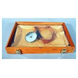 Antique Doctors Head Mirror With Leather Head Band In Wooden Display Case, 18" x 12" x 2.5"