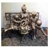 Mother With Children On Park Bench Garden Sculpture, 40" x 43" x 47", Bench Is Metal, Sculpture Is M