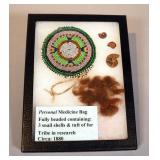 Under Glass Beaded Personal Medicine Bag, Includes Contents Of 3 Snail Shells And Tuft Of Fur, Unkno