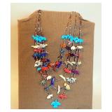 Pueblo Indians Thunderbird 5 Strand Carved Gemstone Fetish Necklace & Earrings, Circa 1900