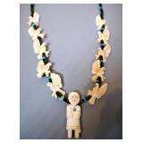 Pueblo Indian Sunflower Maiden Fetish Necklace Carved Buffalo Bone Eagles With Beads & Turquoise Sto