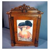 Tin Faced "Kis-Me" Kis-Me Gum Factory Carved Wood Cabinet, Circa 1900, 30" x 20.5" x 18"