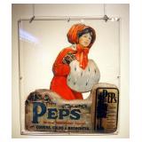 Cardboard Advertising Sign Under Plexi Glass "Peps For Cough And Colds", 36" x 31.5"