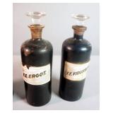 Reverse Glass Label Apothecary Bottles With Stoppers, 9" Tall, Qty 4, Including, F.E.Ergot., F.E.Pru