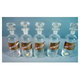 Reverse Glass Label Apothecary Bottles With Stoppers, 7.5" Tall, Qty 5, Including, Ol.Bergam, Ol.Con