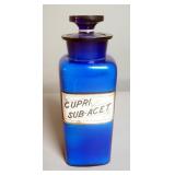 Reverse Glass Label 9.75", Cobalt Blue Apothecary Jar With Stopper, Cupri. Sub-Acet.