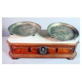 Antique Wood And Stone Pharmacy Balance Scale, 8.25" x 21" x 8.75", Pans 9.25" Dia