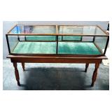 Glass Display Case With Fabric Lined Bottom, Mirrored Back, 2 Sliding Doors, Appears To Be Original 