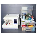 Janome Memory Craft 10001 Sewing And Embroidery Machine With Spools Of Thread, Some In Organizers