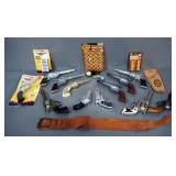 Cap Gun Assortment, Various Brands And Models, Qty 14, Caps, And Holsters