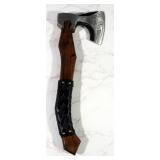 Custom Fantasy Hatchet With Engraved Bear Claw And Scrollwork Blade, Basketweave Leather Grip, In Le