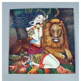 Oriental Painting On Sandpaper Of Woman And Lion, c. 1990-2000, Identifying Information On Back (Wri