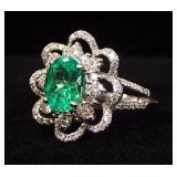 18K White Gold Emerald And Diamond Ring, With Appraisal, Size 6-1/4, Approx 6.07 g Total Weight Incl
