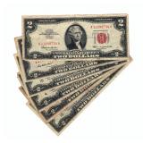 1953-A And 1963 Red Seal $2 Bills And 1976 $2 Bills, Qty 4, Total Qty 6