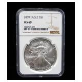 2009 American Eagle $1 Silver Coin, 1 oz Fine Silver, Certified By NGC, Graded MS 69
