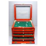 A Century Of Lincoln Coins & Stamps Collectors Box With Some Contents, Hinged Lid, 5 Trays, Drop Fro