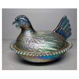 Indiana Glass Co Carnival Glass Nesting Hen, Carnival Glass Tumbler, And Marigold Berry & Leaves Bow