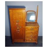 Antique Maple 4 Drawer Wardrobe With Painted Floral Design, Includes Mirror, 58.5" x 43" x 20"