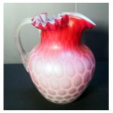 Ruffled Top Satin Glass Water Pitcher With Coin Spot Pattern And Reeded Handle, 7.5" Tall