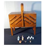 Mid Century Modern Wooden Accordion Sewing Box With Legs And Handle, Includes Contents, Thimbles, Qt