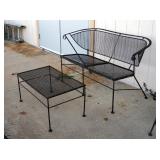 Vintage Wrought Iron Patio Bench, 29.5" x 43" x 26", Seat Height 16", And Coffee Table, 15" x 30" x 
