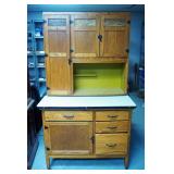Antique 2 Piece Bakers Cabinet On Casters, With 4 Drawers, Enamel Top, And Flour Bin With Sliding to