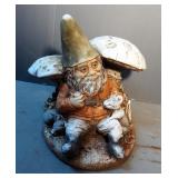 Concrete Gnome And Mushroom Painted Garden Statue, 13.5" Tall, Very Heavy