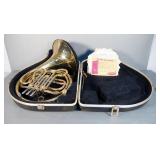 Vintage Brass French Horn Including Carrying Case And Sheet Music