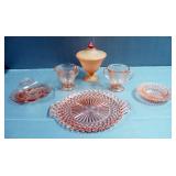 Pink Pressed Glass Serving Dishes Including Creamer And Sugar, 10" Cake Plate And Candy Dishes, Tota