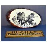 Live Edge Wood Bison Hunt Wall Decor And Vintage Metal Hughes Paints And Specialties Sign, 6" x 17"