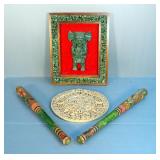 Vintage Mayan Crushed Malachite Sculpture In wood Frame, 15.5" x 12.5",11" Mayan Calendar And Painte