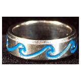 Titanium Ring With Blue Wave Pattern, Size 7-1/4, Approx 3.69 g Total Weight