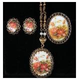West German Jewelry Set With Floral And Gold Tone Design, Includes Necklace, Earrings And Pendant