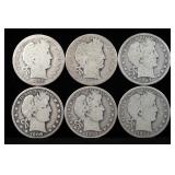 Barber Half Dollars, Qty 6, Includes 1898, 1901, 1907, 1908, 1910, And 1912