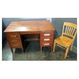Desk With 6 Drawers And Chair, Center Top Of Desk Lifts And Drops Back To Reveal Hidden Compartment 