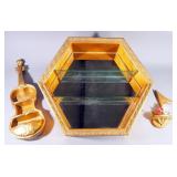 Gold Toned Wall Hanging Display Box With Mirrored Box And 2 Shelves, Gold Tone Violin Display Shelf,