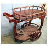 Serving Cart With Carved Floral Image On Top Shelf, Bottle Holder, Lower Shelf, Carved Wood Supports